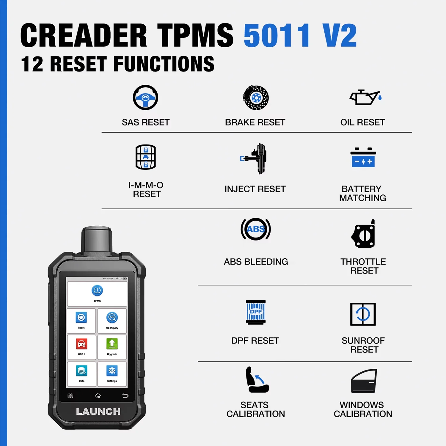 LAUNCH X431 Creader TPMS 5011 V2 Tire Pressure Programming Sensor Scanner Tool Supports All 315/433MHz with 12 Service Functions