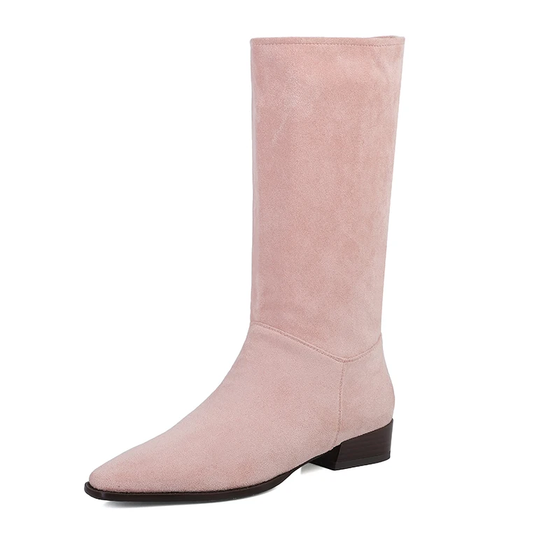 Flock Slip On donna stivali a metà polpaccio nuovo autunno Sexy stivali con punta quadrata tacchi bassi rosa albicocca marrone verde Boot