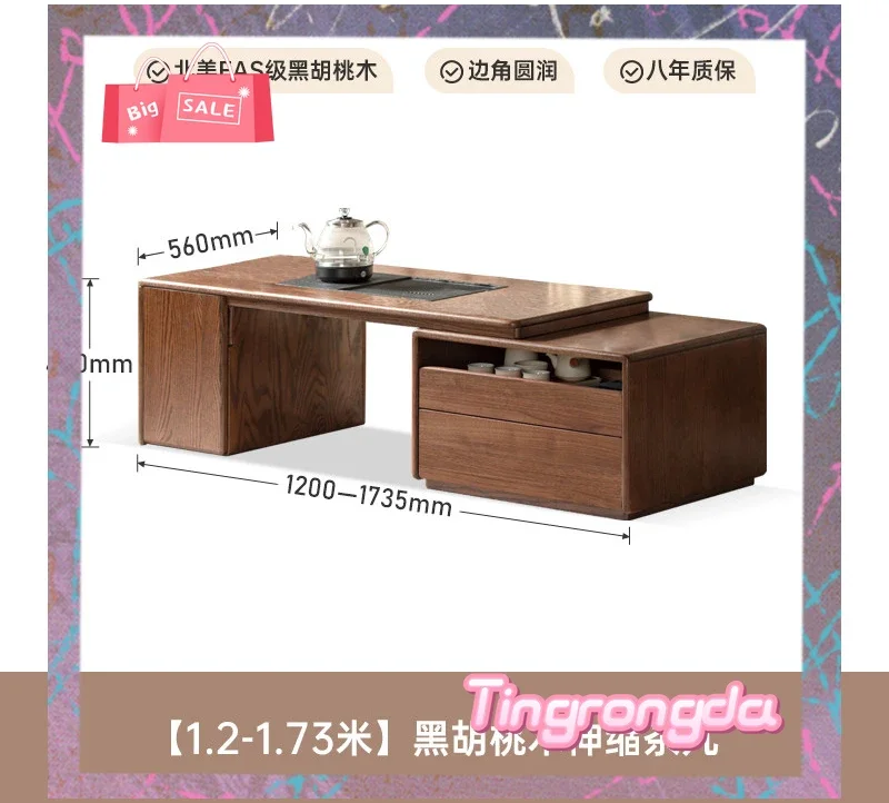 AASolid Wood Retractable Coffee Table Oak Kung Fu Tea Table Living Room New Chinese Tea Table Integrated