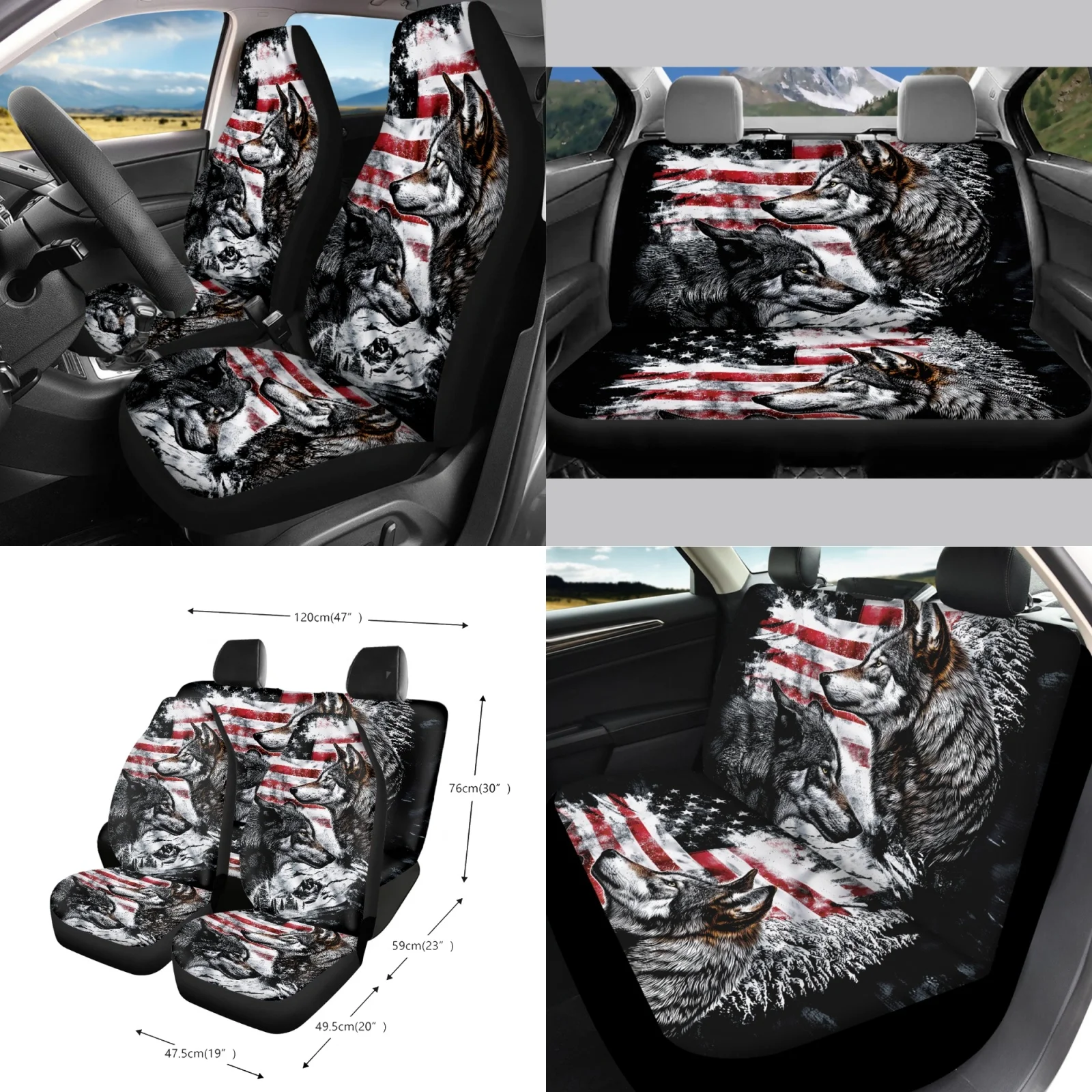 Coloranimal Flag Wolf 15pc Front Back Seat Covers Light Soft Car Seat Covers Compatible with Truck Daily