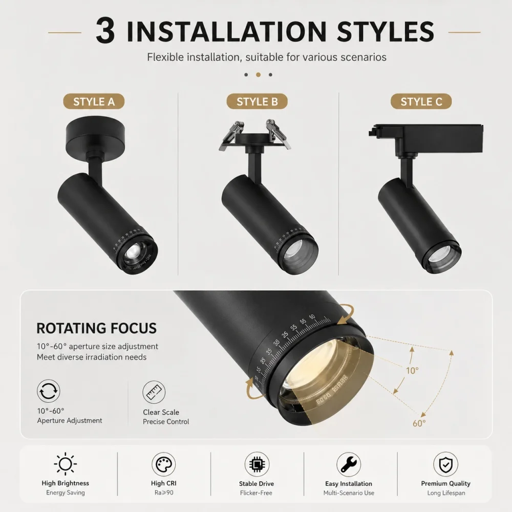 High Brightness LED Variable Zoom Spotlight for Shops, Galleries, Museums, 75 Hole Ambient Light