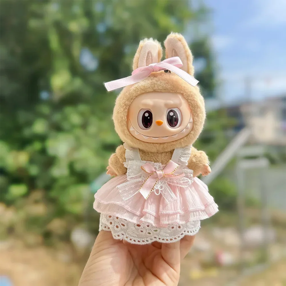 17cm Mini Plush Doll'S Clothes Outfit Accessories For Korea Kpop Labubu Idol Pink bright silk bow princess gauze skirt Clothing