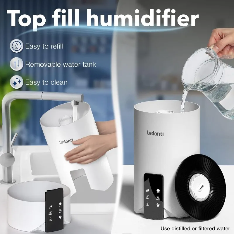 Humidifier untuk kamar tidur kontrol cerdas-Dual kabut dingin & hangat pelembap udara kabut 4L kapasitas besar Top mengisi tangki air, Quie Humidifier