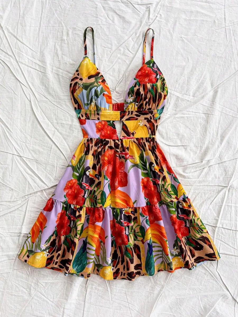 

Women V-Neck Spaghetti Strap Backless Animal Floral Print Swing Mini Dress For Beach Summer