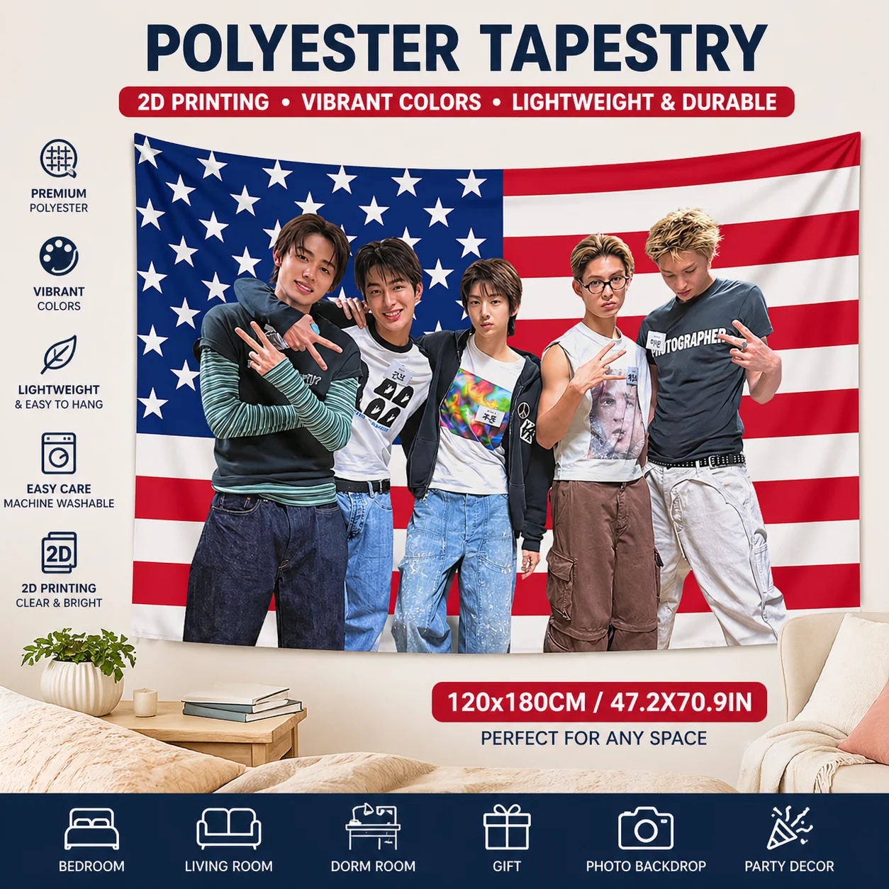 K-Pop Boygroup Wandteppich mit Flachdruck, rosa amerikanische Flagge im Hintergrund, niedliche männliche Idols, Wandbehang für Schlafzimmer, Studentenwohnheim, Fan-Geschenk