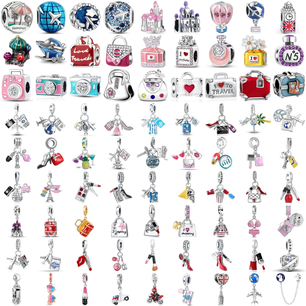New Travel Theme Charms Airplane Luggage Camera Passport Globe High Heel Dress Beads Fit Women DIY Jewelry Accessories Gift