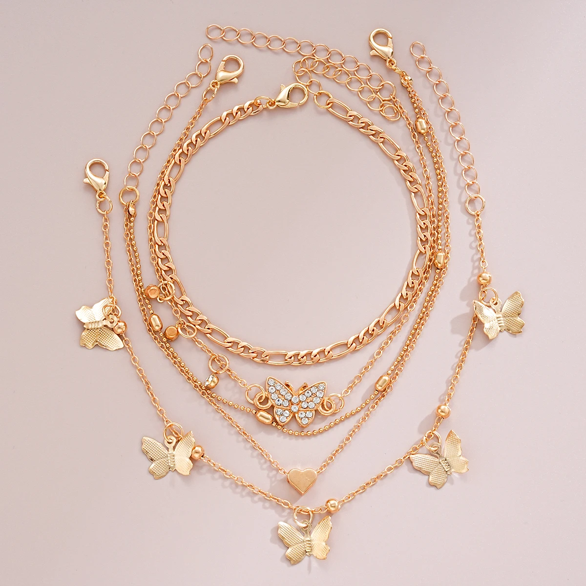 طقم خلخال فراشة عتيق ذهبي اللون للنساء ، سوار بوهيمي متعدد الطبقات ، خلخال من الزركون ، قدم الساق ، مجوهرات الشاطئ ، 5-