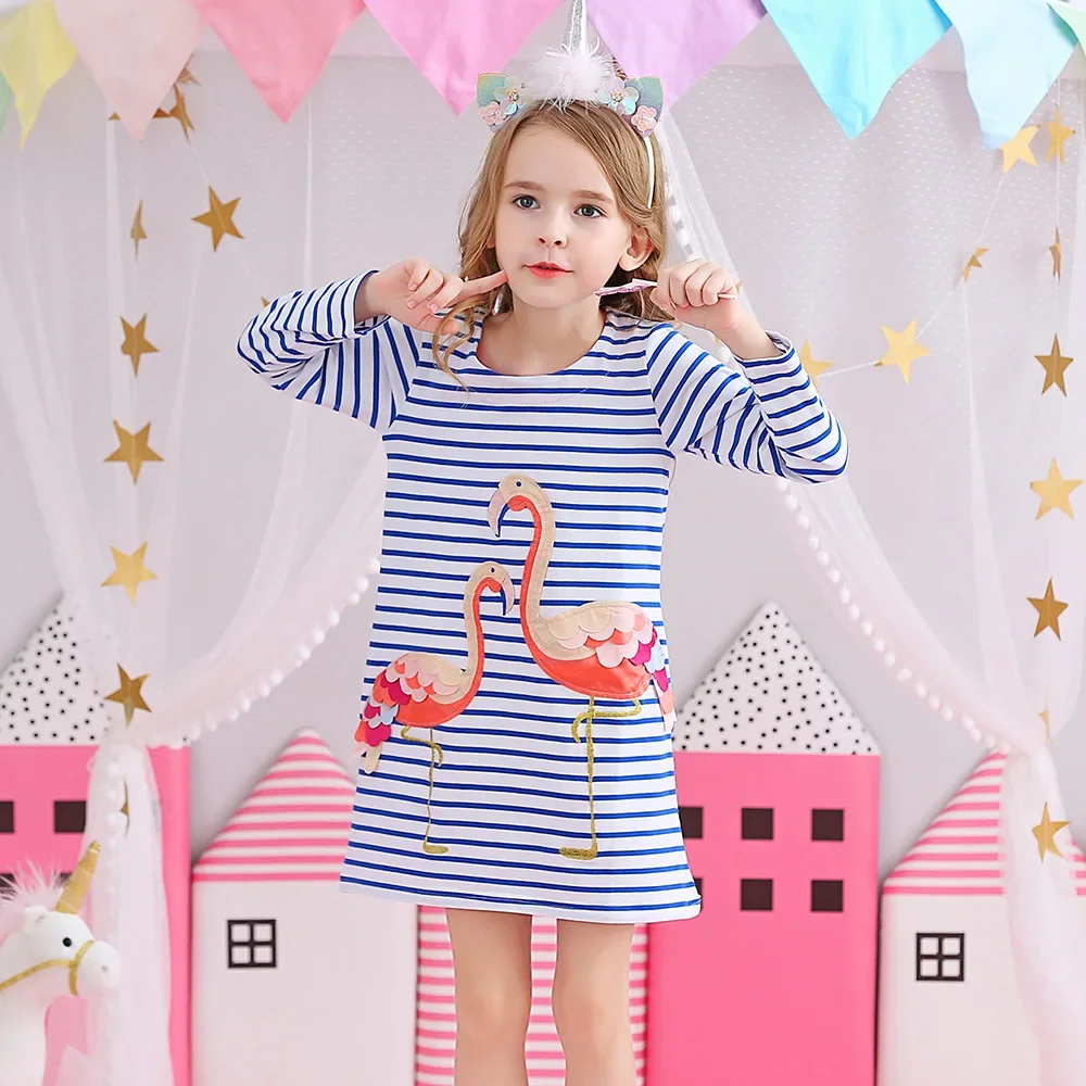 VIKITA Girls Flamingo Appliqued Dress Long Sleeve Blue White Striped Cotton Casual Daily Straight Sports Dress Kids Clothes