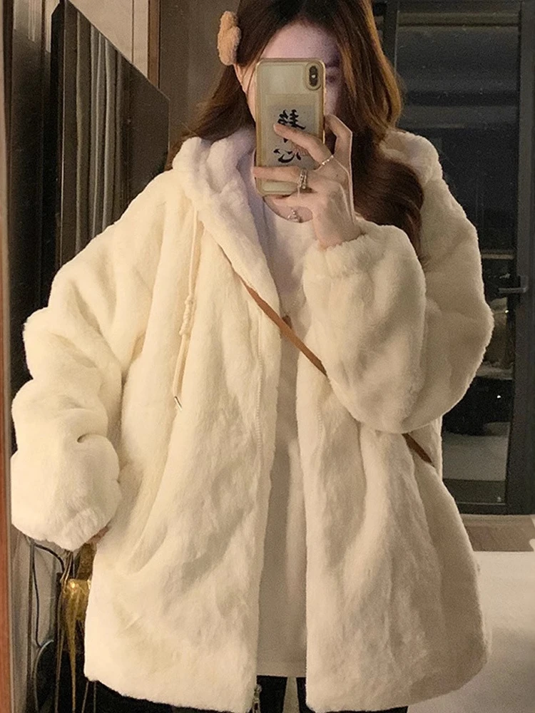 Solid Hooded Faux Fur Coats Zipper White Hooded Loose Furry Jacket Fluffy Warm Thick Plush Coat Faux Lamb Luxury Casual Overcoat