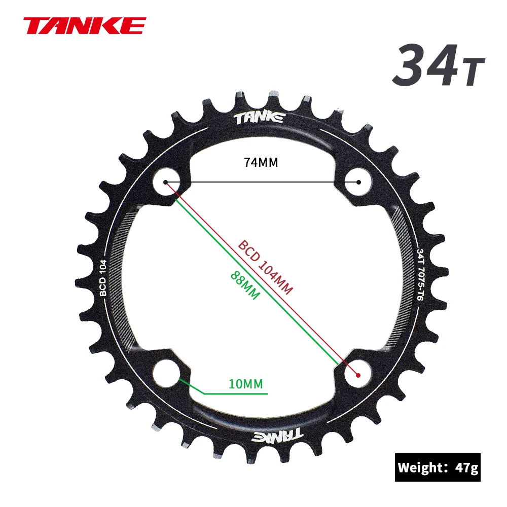 TANKE 104 BCD MTB Monoplate Kettenblatt Rund Narrow Wide 32T 34T 36T 38T 40 Zähne Einzelblatt Komplett-Kettenblatt für E-Bike