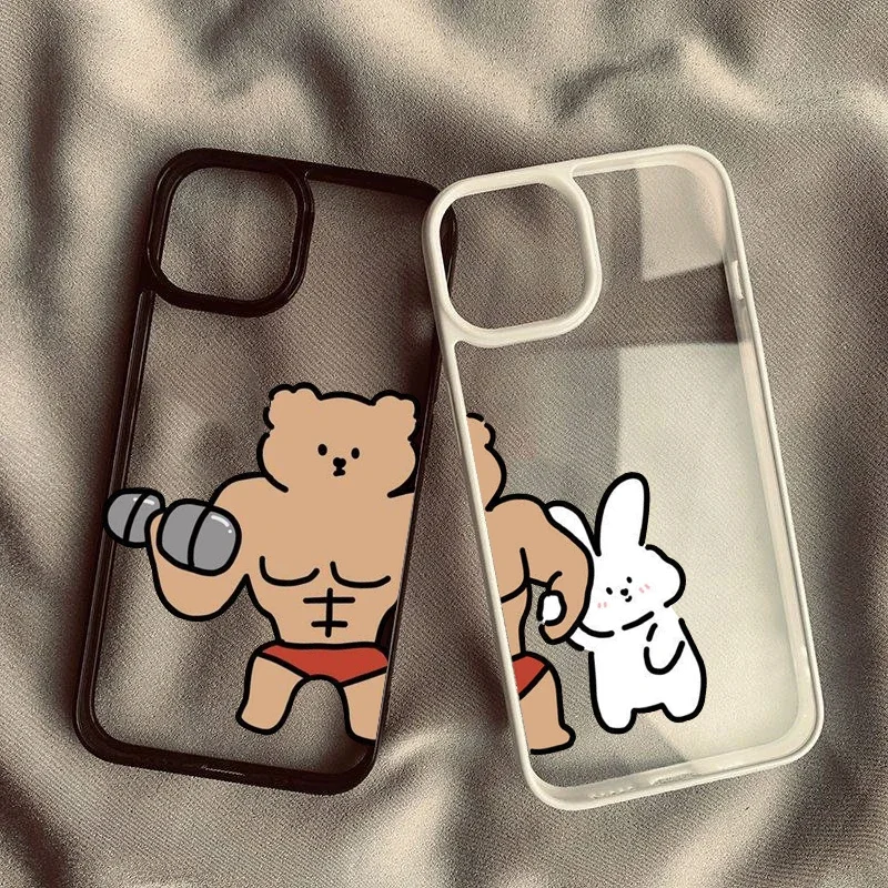 Funny Cartoon Bear Rabbit Couple Phone Case For iPhone 16 15 14 Pro MAX 12 13 12 XS SE2 XR 7 8Plus Best Friend Hard Cover Capa