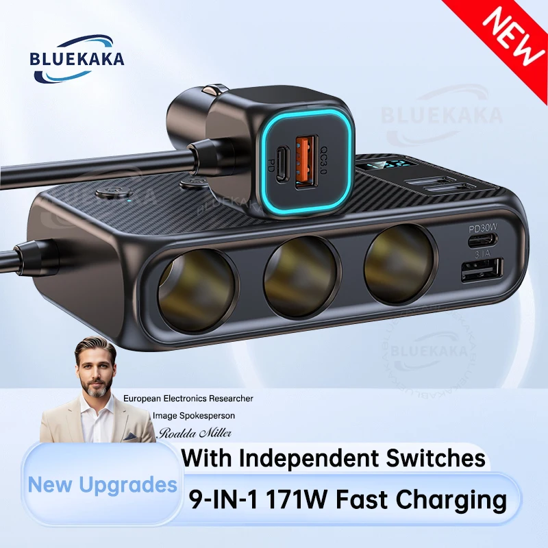 171W/128W Car Charger Adapter 9 In 1 Cigarette Lighter Splitter PD30W/QC 3.0 Independent Switches USB Type C Cigarette Outlet