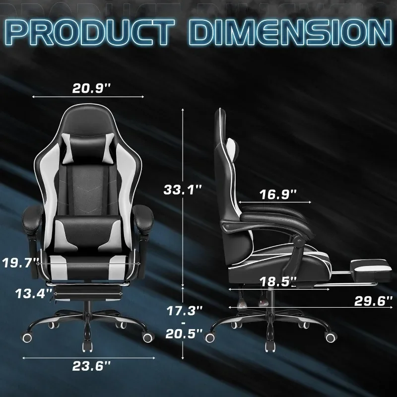 Gaming Chair, Video Game Chair with Footrest and Massage Lumbar Support, with Swivel Seat and Headrest (White)