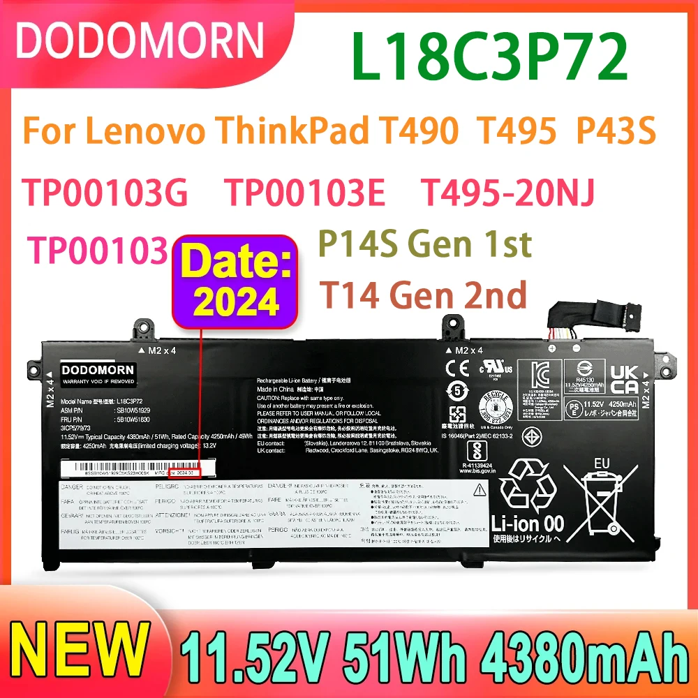 

DODOMORN L18C3P72 Laptop Battery For Lenovo ThinkPad T490 T495 P43S TP00103 L18C3P71 L18M3P73 SB10T83122 02DL007 5B10W13877 51Wh