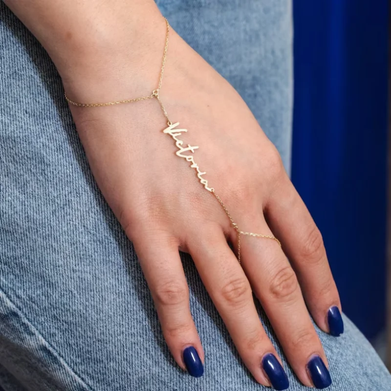 Stainless Custom Name Word Hand Chain Ring Finger Bracelet Personalized Your Name Customized Handwriting Bracelet Women Gift