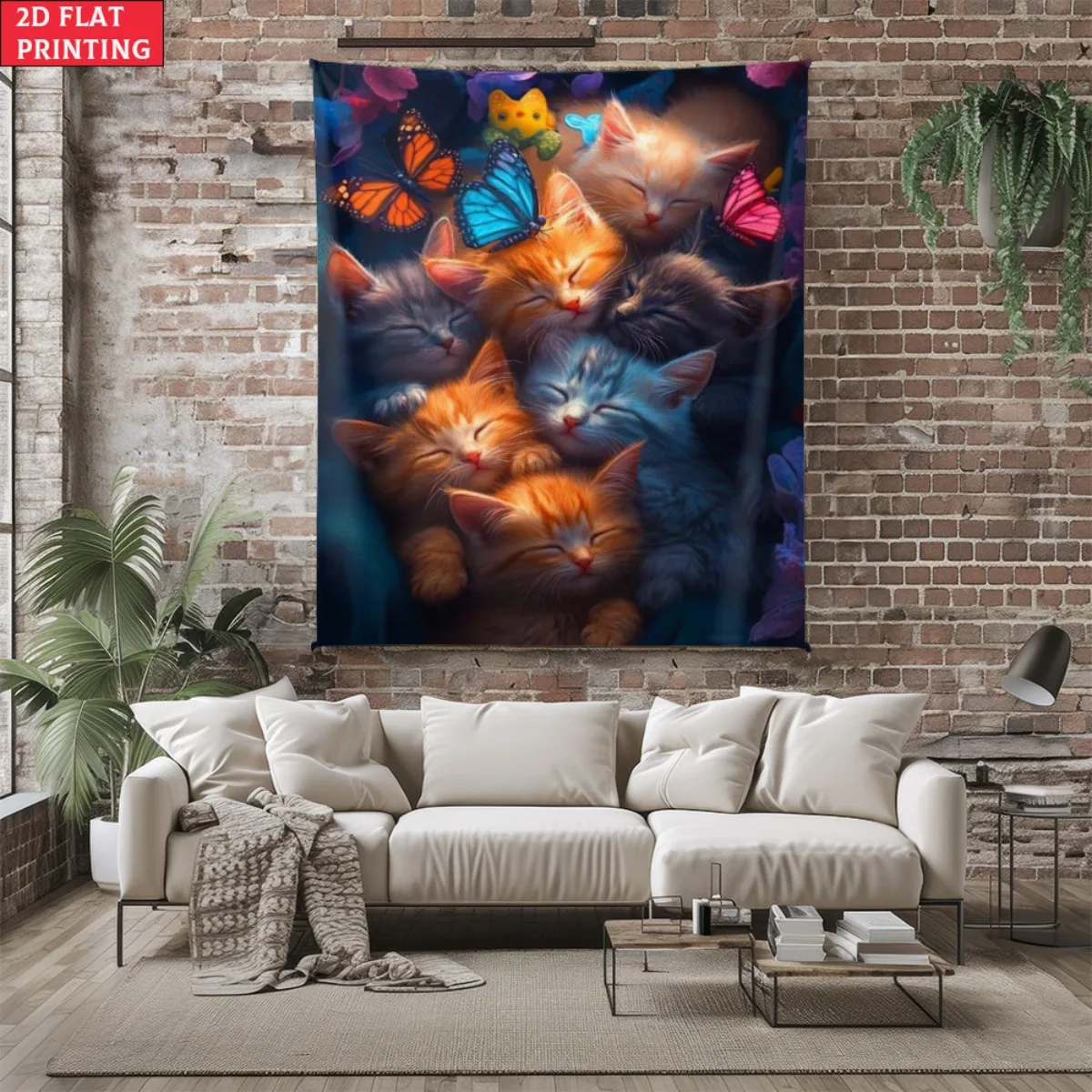 Cute Sleeping Kittens Tapestry, Colorful Butterflies Cat Wall Hanging, Aesthetic Nursery Room Decor Extra large size
