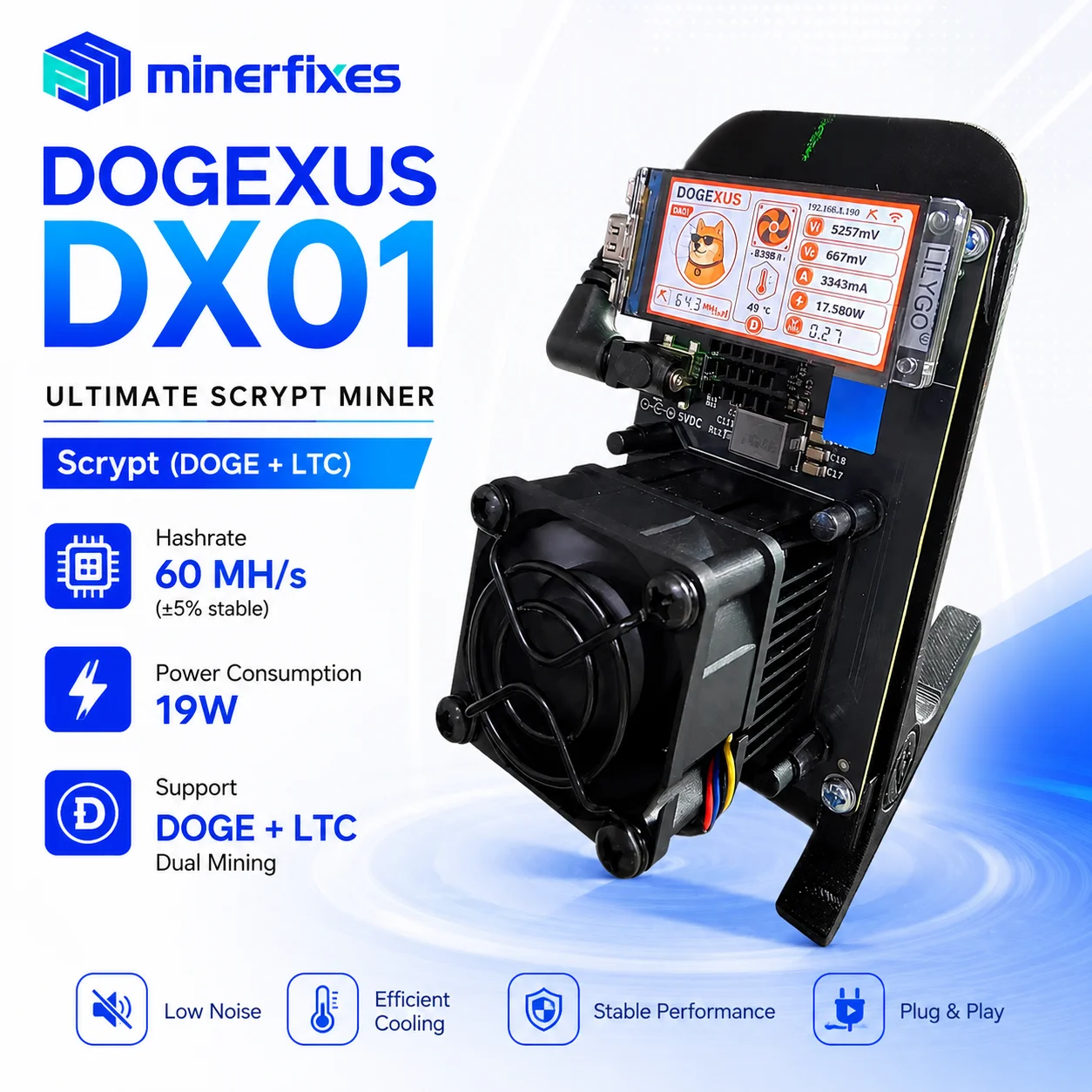 DOGEXUS DX01 Doge Solo Miner 60MH/s Scrypt Mining Machine Low Power 19W LTC DOGE Miner with Display USB Crypto Miner