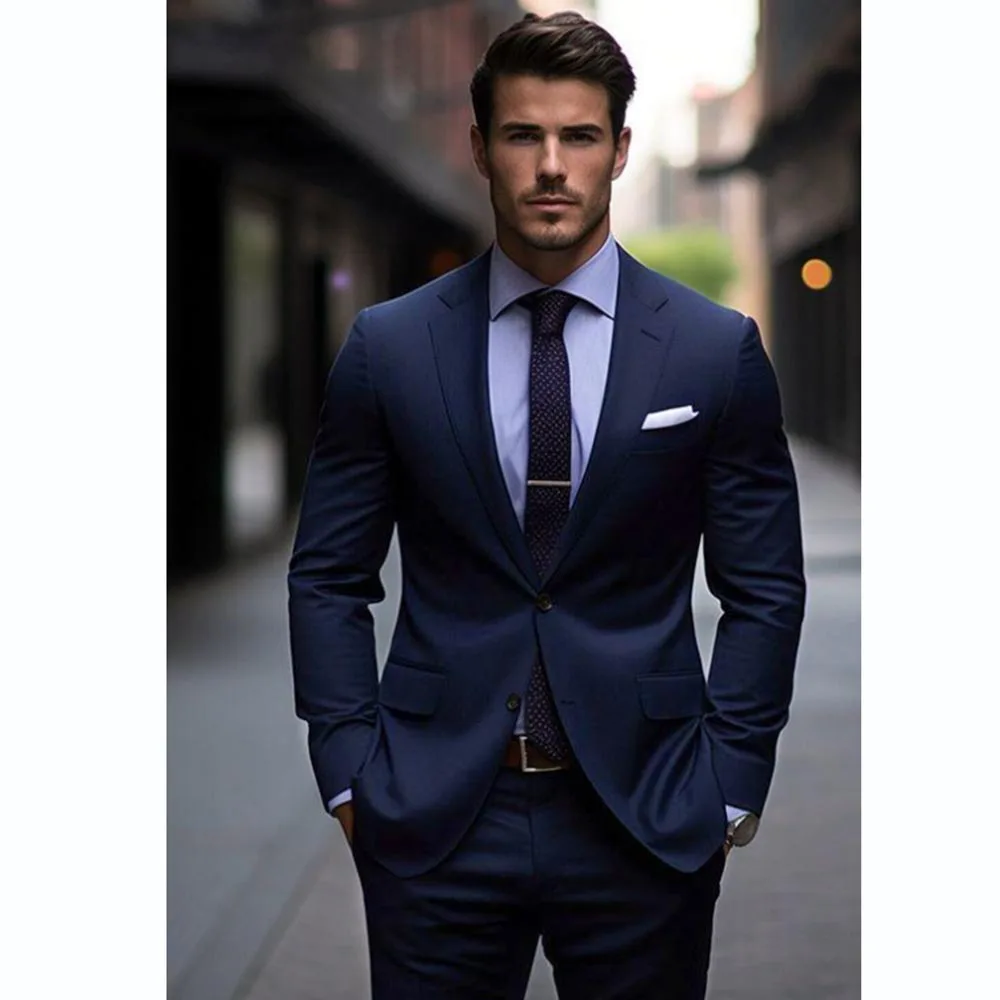 High Quality Navy Blue Men Suits Flat Front Notch Lapel Single Breasted Skinny 2 Piece Jacket Pants Chic Wedding Costume Homme