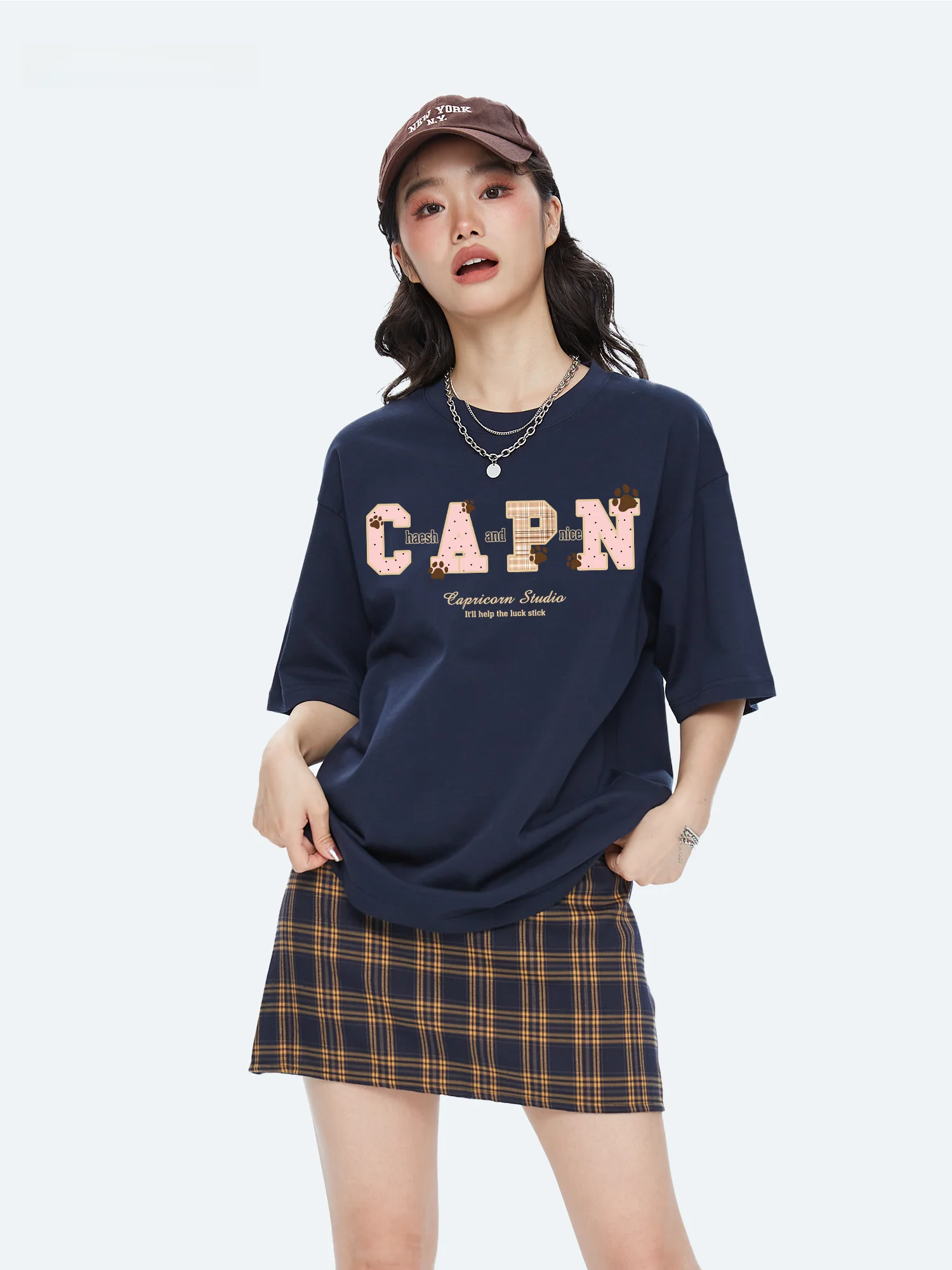 Capricorn Fun Checkered Color Block Pure Cotton Short Sleeve Women's T-Shirt Loose Half Sleeve Top Breathable Sweat Absorbent