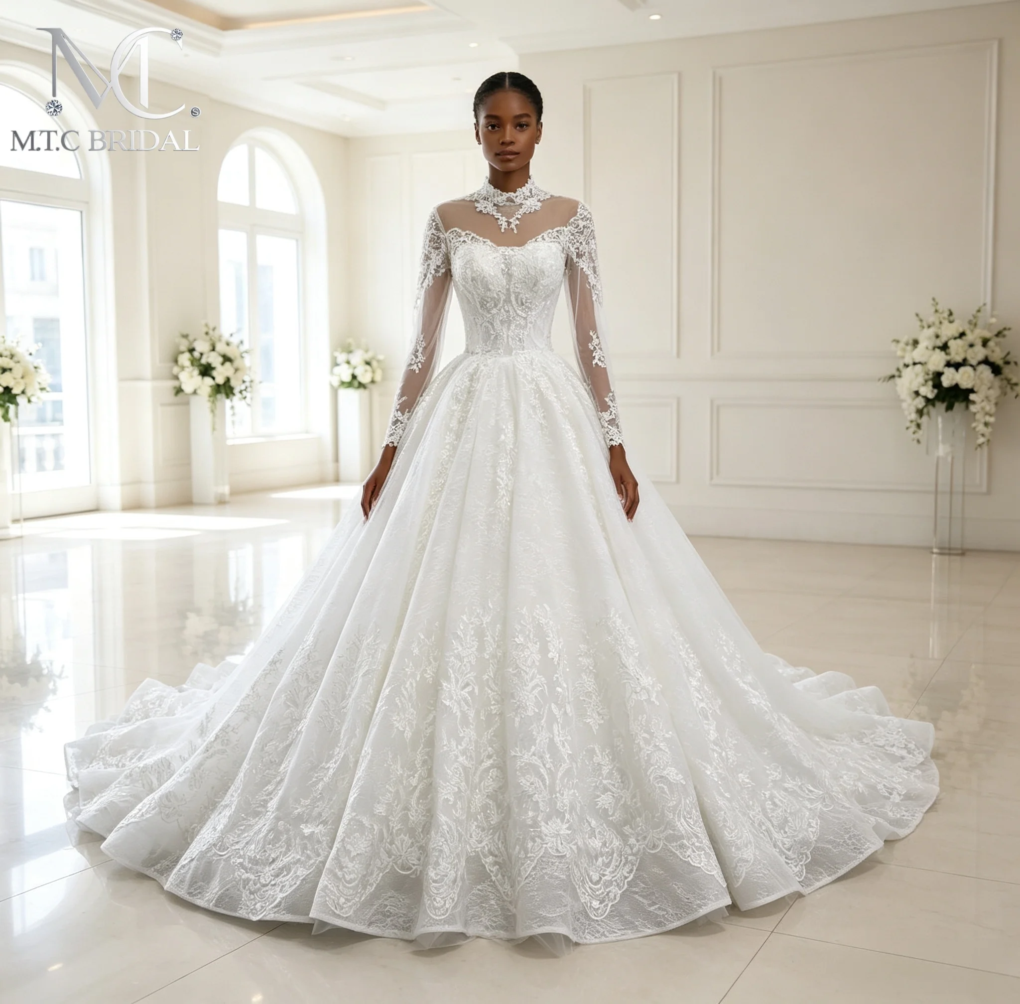 Luxury Lace Princess Wedding Dresses High Neck Full Sleeves Sweep Train 2026 Custom Made Wedding Gowns For Bride Robe De Mariee