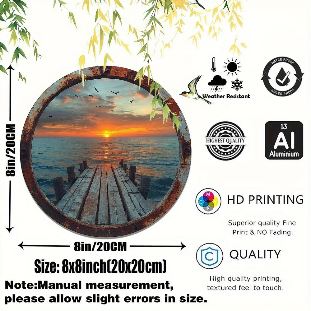 Vintage Beach Sunset Round Aluminum Wall Art Sign – 20.32x20.32 cm, Rustic Coastal Decor with Wooden Pier & Birds, Perfect for K