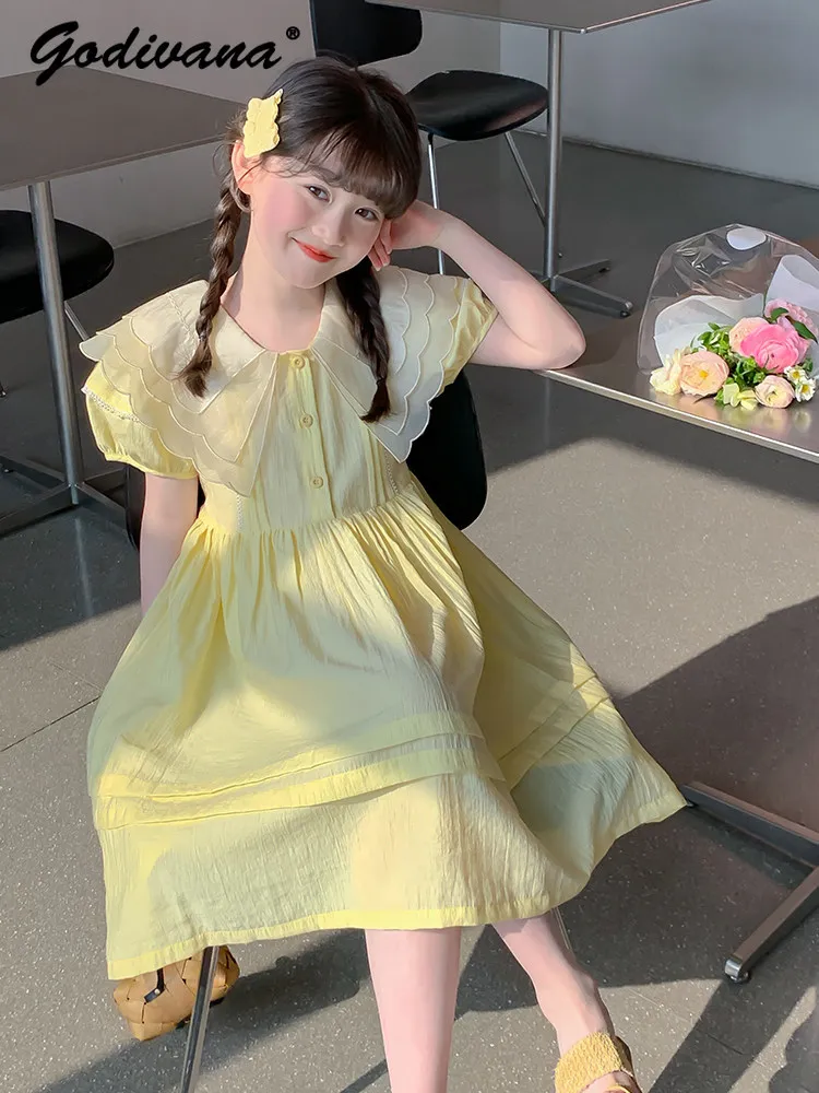 

Sweet Girls Summer 2026 New Fashion Dresses Kids Yellow Doll Collar High Waist Puff Sleeve Loose Soft Maxi Princess Casual Dress