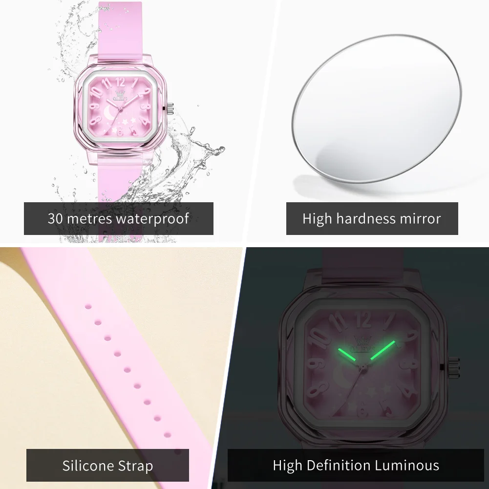 OLEVS Kids' Watches Pink Simple and Fun Original Quartz Watch for Student Transparent Case Silicone Strap Waterproof Luminous
