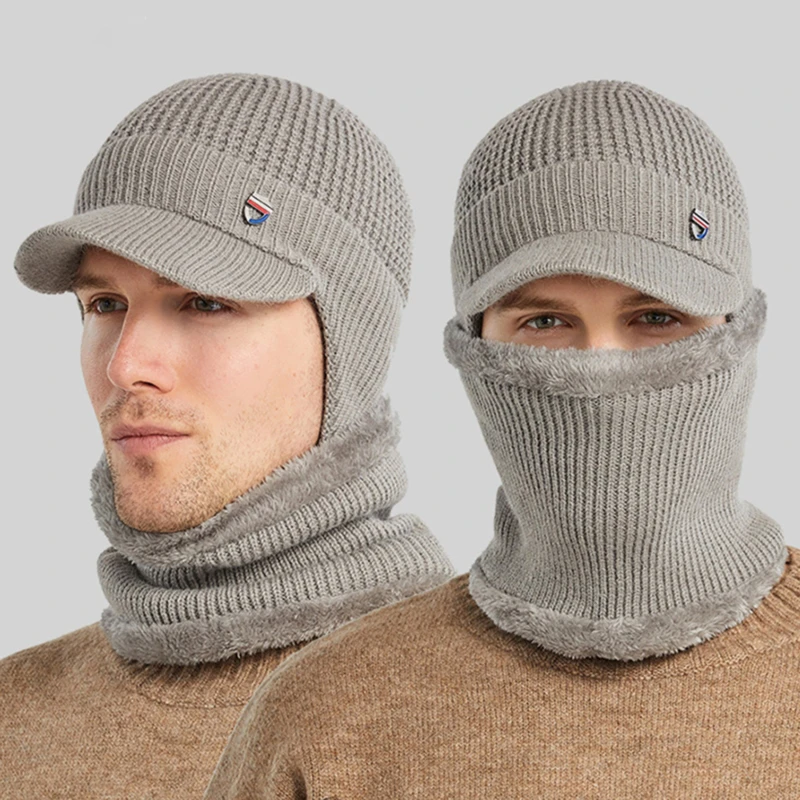 2 pçs conjunto viseira earflap gorro chapéu com cachecol malha forrado de pelúcia mais quente masculino inverno proteção de orelha frio e quente chapéu de malha