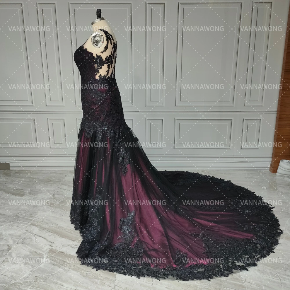 personalizado 17005 #   Vestido de novia negro y morado con capa nupcial ilusión espalda cola de pez vestido formal de sirena gótica