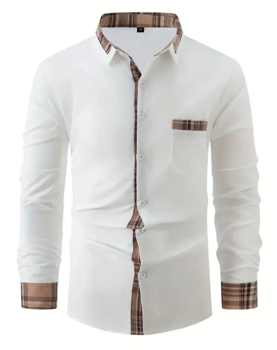 2025 قميص رجالي فاخر كم طويل أبيض بني الصلبة بيزلي التصحيح سليم صالح قميص رجالي طية صدر السترة عادية باري وانغ