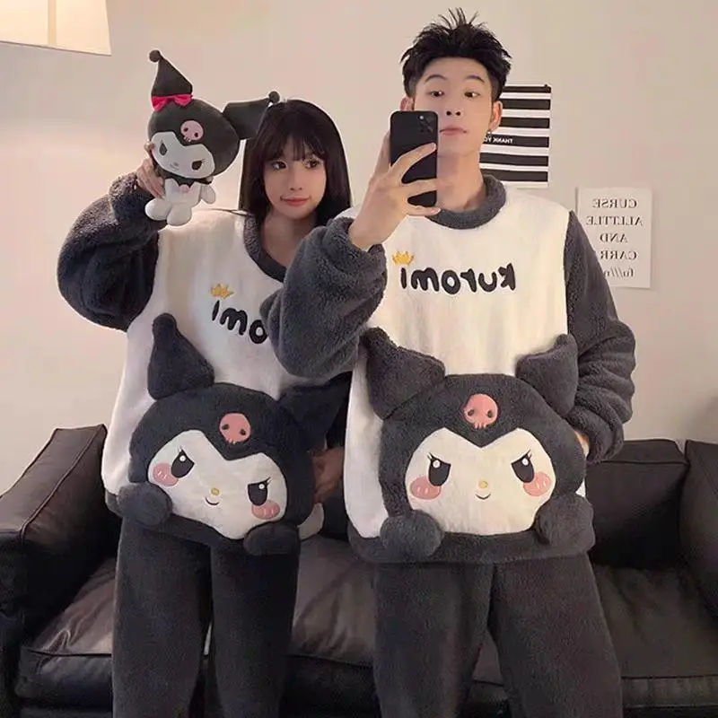 Cartoon Sanrios Kuromi Cinnamoroll Pajamas Women Men Thickened Coral Velvet Anime Pochacco Winter Warm Couple Soft Home Clothes