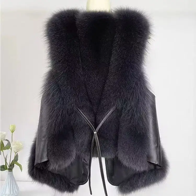 2025 Eco Fox Fur Vest Women's Splicing Solid Color Sleeveless Coat High-end V-neck Short Fur Looks Slim Female