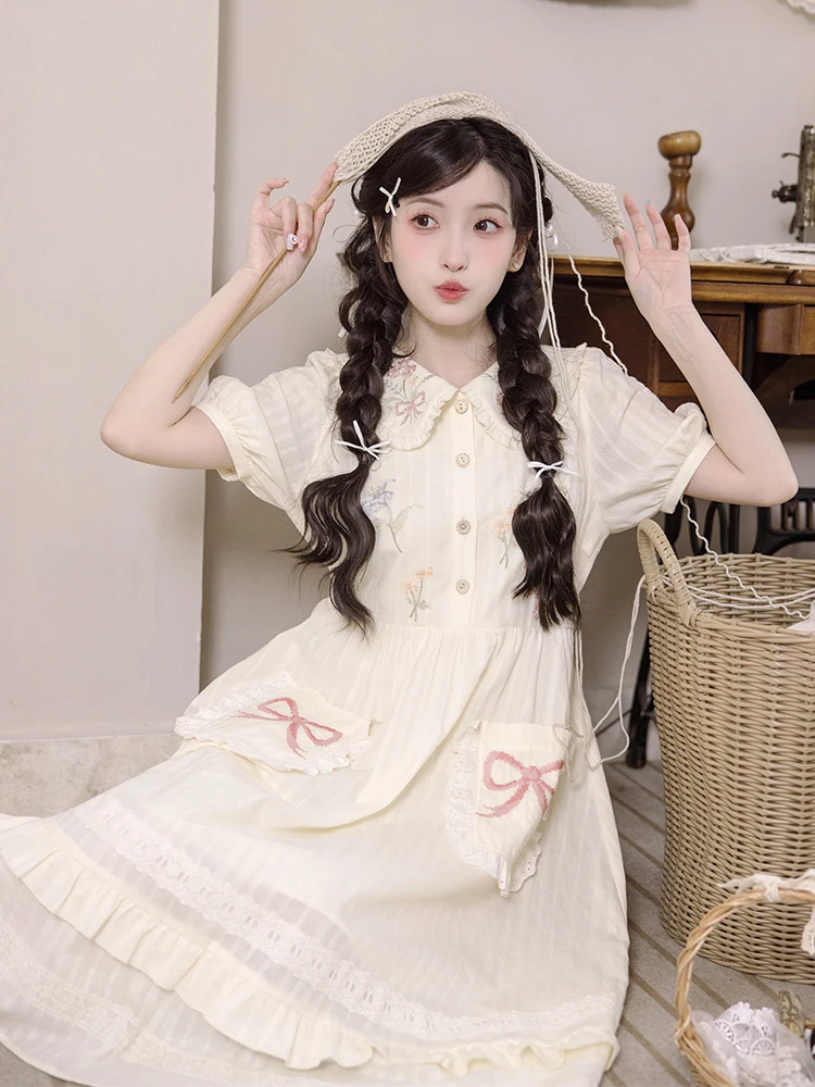 

Летнее хлопковое платье в стиле Countryside Chic с вышивкой, свободного кроя, с воротником «кукла», для девочек, в лесном стиле, 100% хлопок, короткий рукав