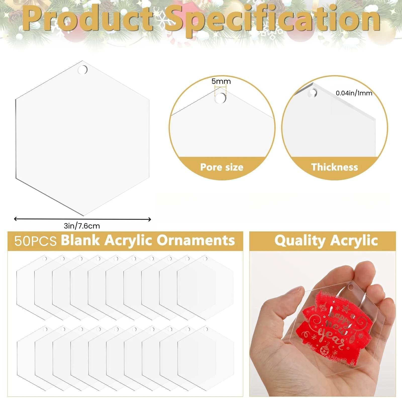 زينات فارغة من الأكريليك السداسي الشفاف ، زينات ذاتية الصنع فارغة لعيد الميلاد ، 3 "، 50" #3