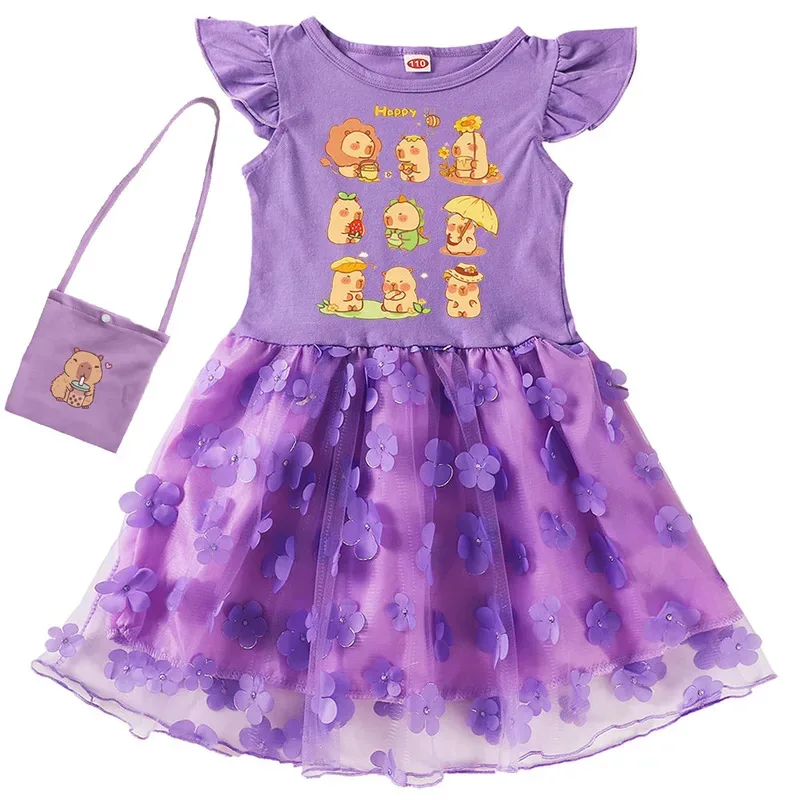 zz04zz12Kids الملابس القطنية فستان لطيف كابيبارا مطبوعة الدانتيل فساتين الأميرة طفل الفتيات حفلة عيد ميلاد هدية فستان