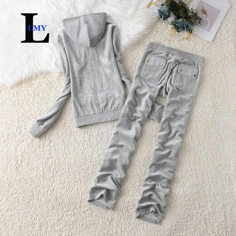 

LMY Velvet Two Piece Women's tracksuit Casual Juicy Tracksuit Set Hooded Long Sleeve Women Zipper Suit Spring Fall Letter Pant