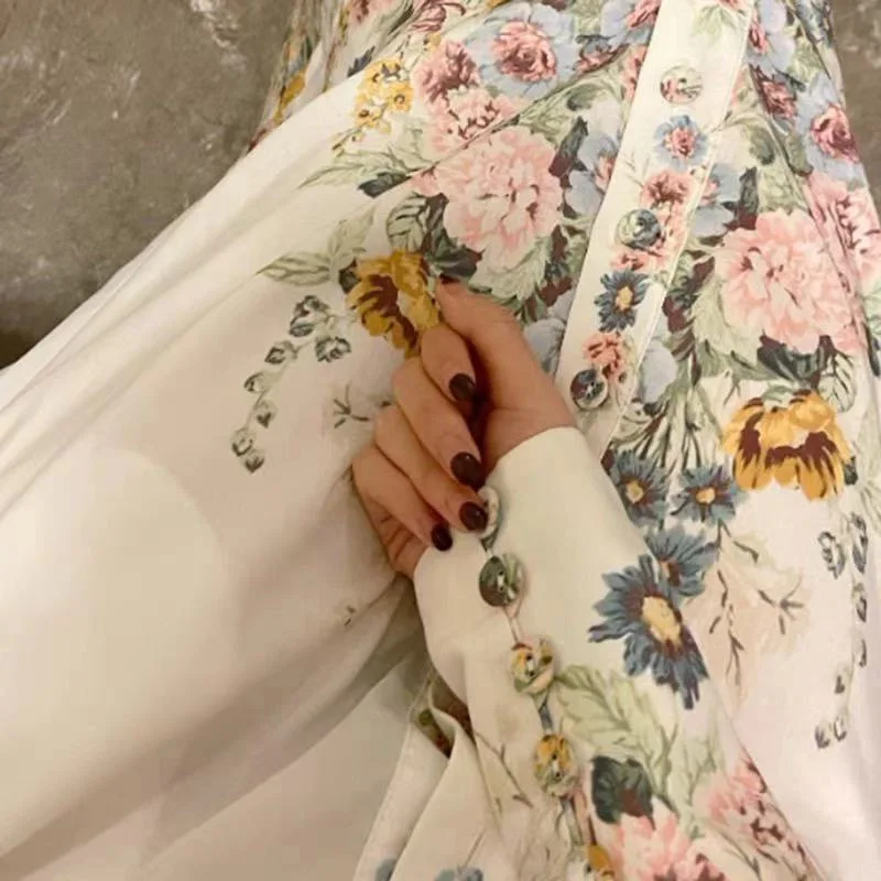 Autumn Women\'s Long Sleeve Floral Printed Shirt Style Dress Spring New French Elegant Single Breasted Fashion Long Dresses