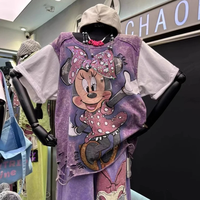 

2025 New Spring Summer All-match Cute Students Cotton T-shirt Hole Short Sleeve Pullover O-neck Top Sequins Cartoon Women Tees