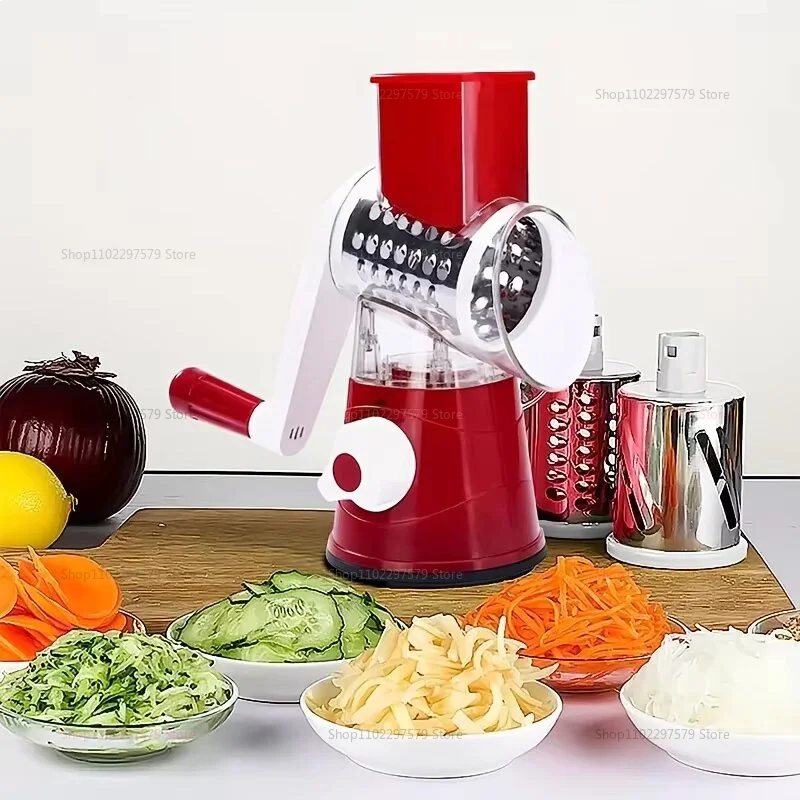 Cortador y rebanador de verduras, máquina picadora Manual de queso de cocina con 3 tambores afilados, trituradora multifuncional de patatas y ajo 2025