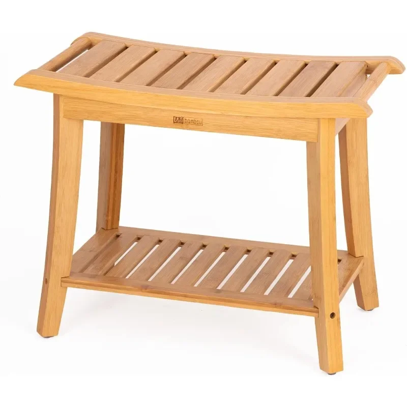 Bamboo Shower Bench Inside Shower Stool with Storage Shelf, Spa Bath Chair for Bathroom, Seat or Organizer for Living Room,