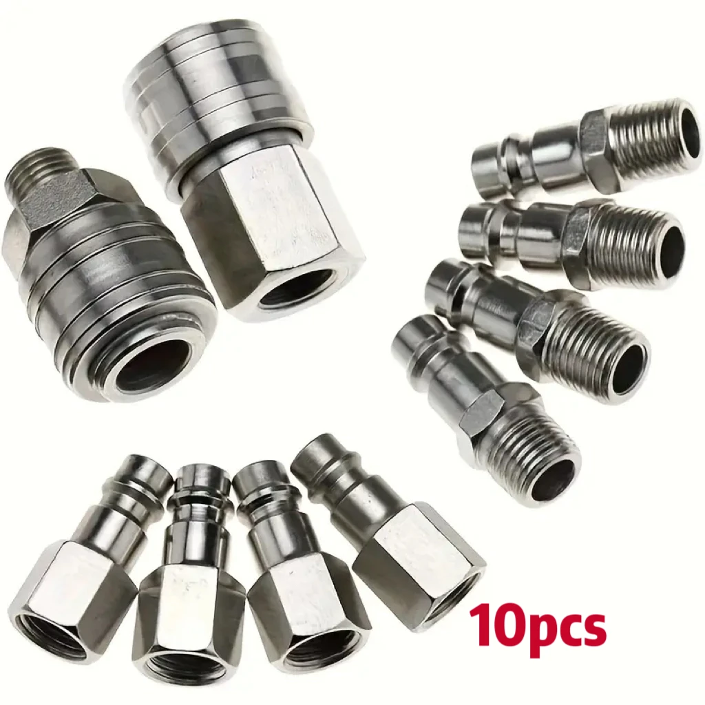 

10pcs Euro Air Compressor Fitting Kit - 1/4" BSP Male/Female Couplers, Quick Release, Steel Zinc Plated Rust-Resistant