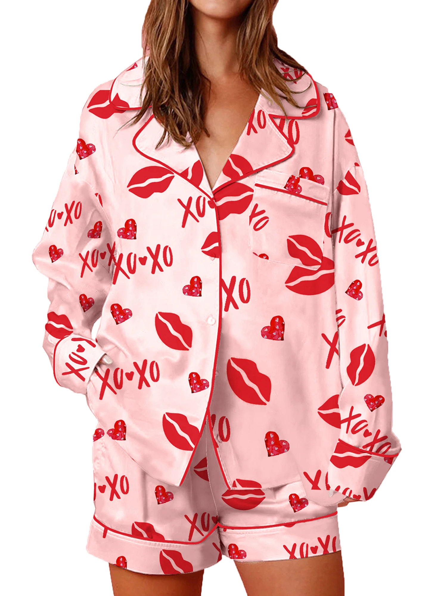 

Valentine s Day Women s Pajama Set with Heart Print Long Sleeve Button Up Top and Shorts Lounge Wear 2 Piece Set Featuring