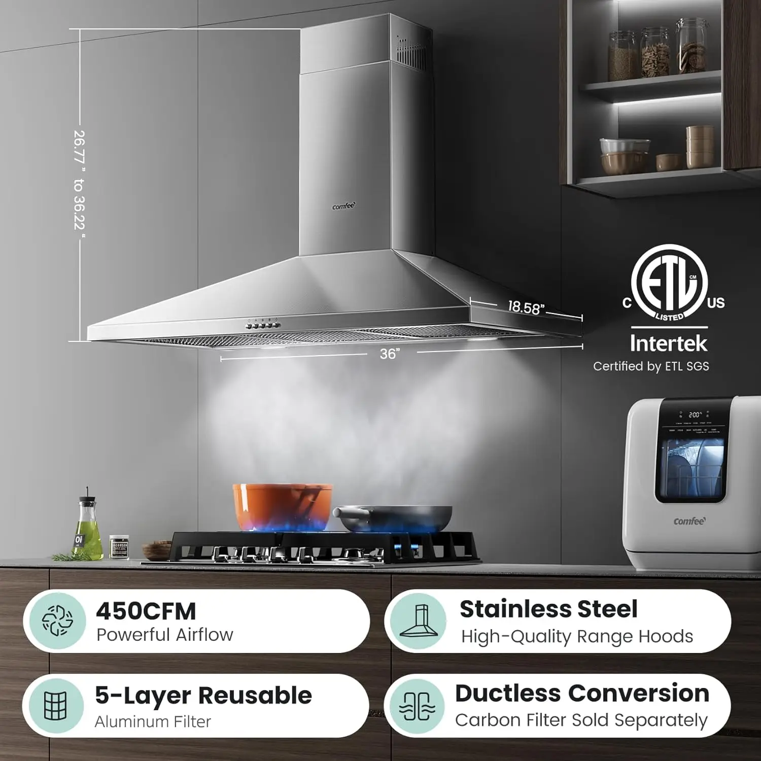 CVP36W6AST 36 inch kanaalpiramidebereik 450 CFM roestvrijstalen wandgemonteerde ventilatiekap met 3 snelheden afzuigventilator, 5-laags aluminium