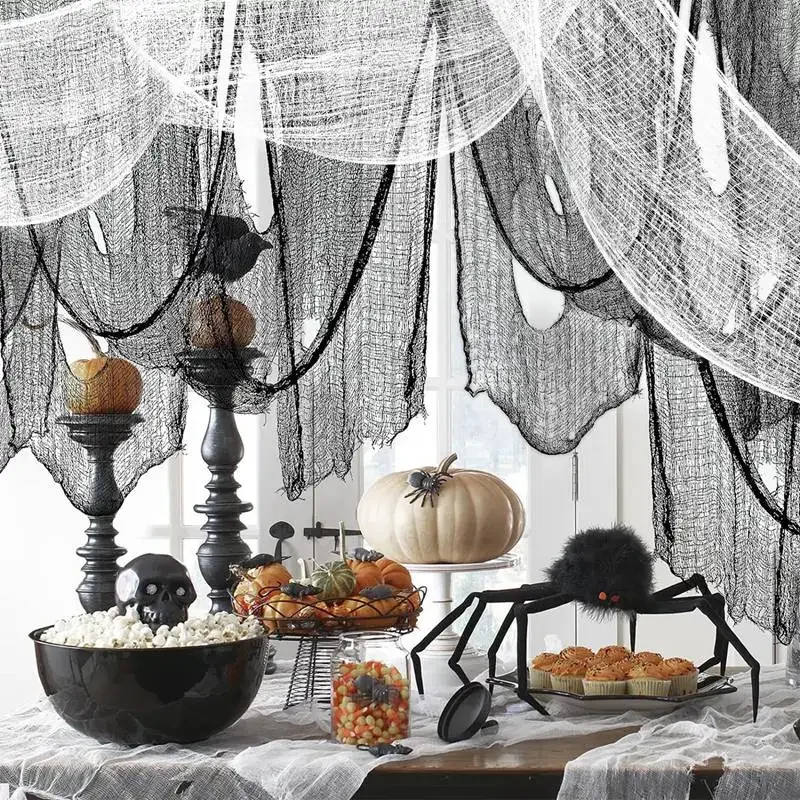 Halloween gruselige Stoff, weiße gruselige Gaze für im Freien hängende Spukhaus Party Wände Tür Eingang Innen, Party Dekor – Detail 5