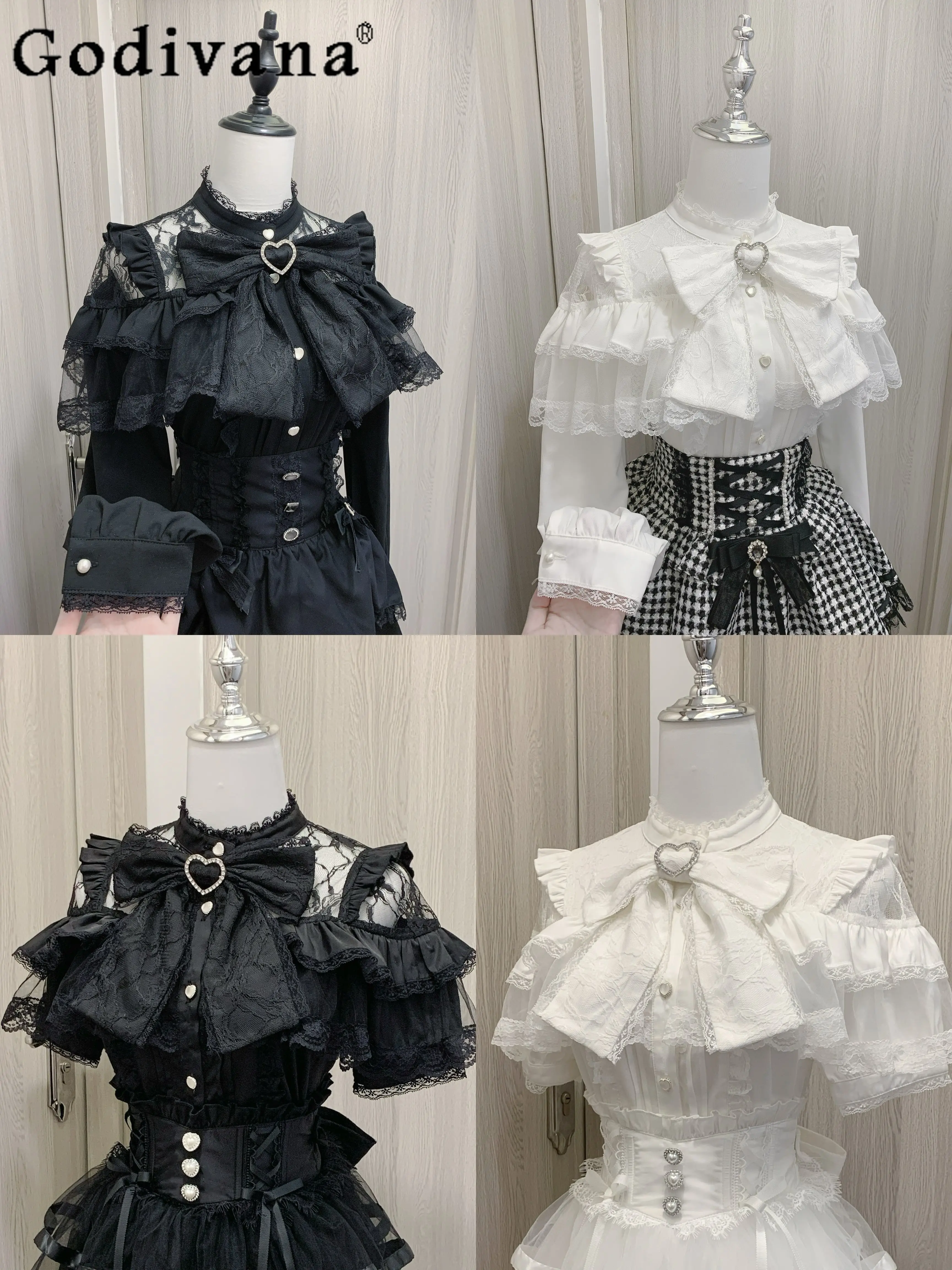 Japanese Mine Series Mass Production Shirt Women's Lace Splicing Bow Off -Shoulder Black Long Sleeve Lolita Blouses Top Skirts