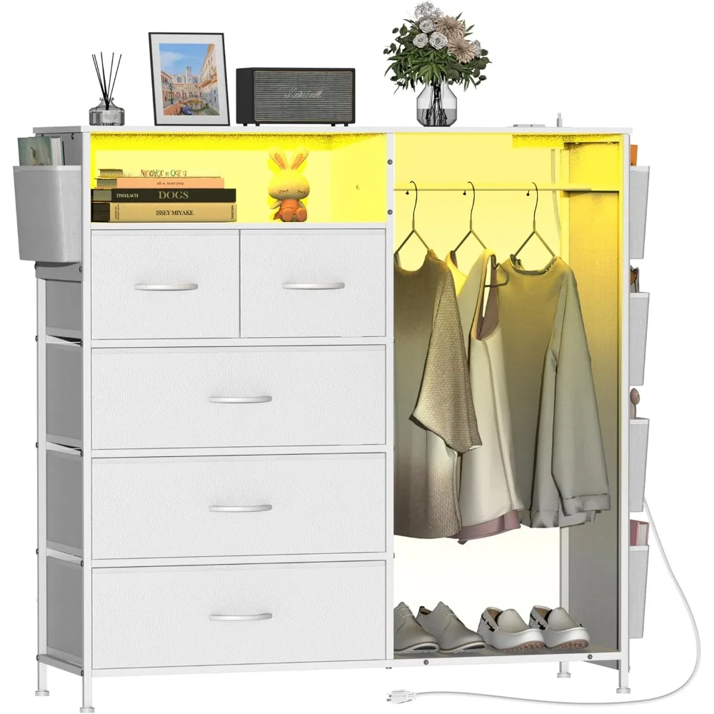 

Dresser for Bedroom with Clothes Rack Side Pockets White 5 Drawers Dresser with Charging Station LED Lights Sturdy Steel Frame