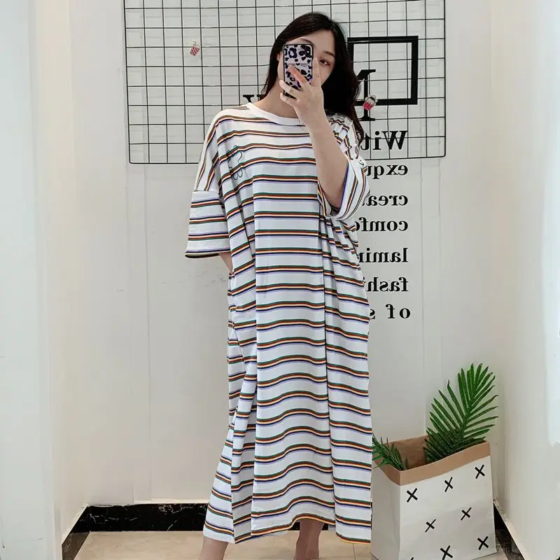 Oversized Summer Trend Loose Striped O-neck Short Sleeve Casual Dresses Women Clothing Simplicity Printing Pullover Long Dress