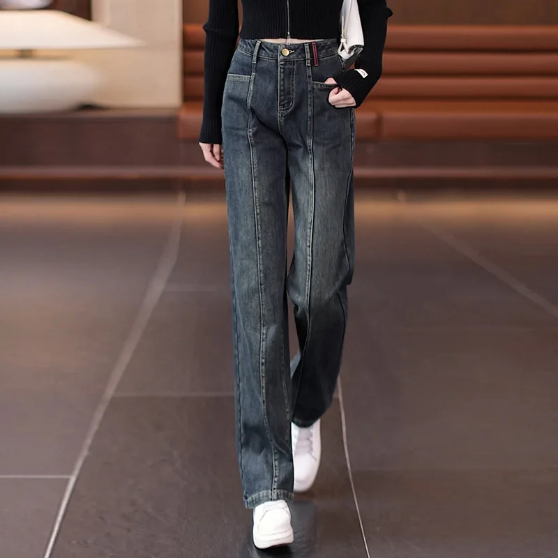 جينز نسائي خريفي عالي الجودة بنطال ذو قصة أرجل واسعة موضة متعددة الاستخدامات الأكثر مبيعًا سروال مستقيم عالي الخصر