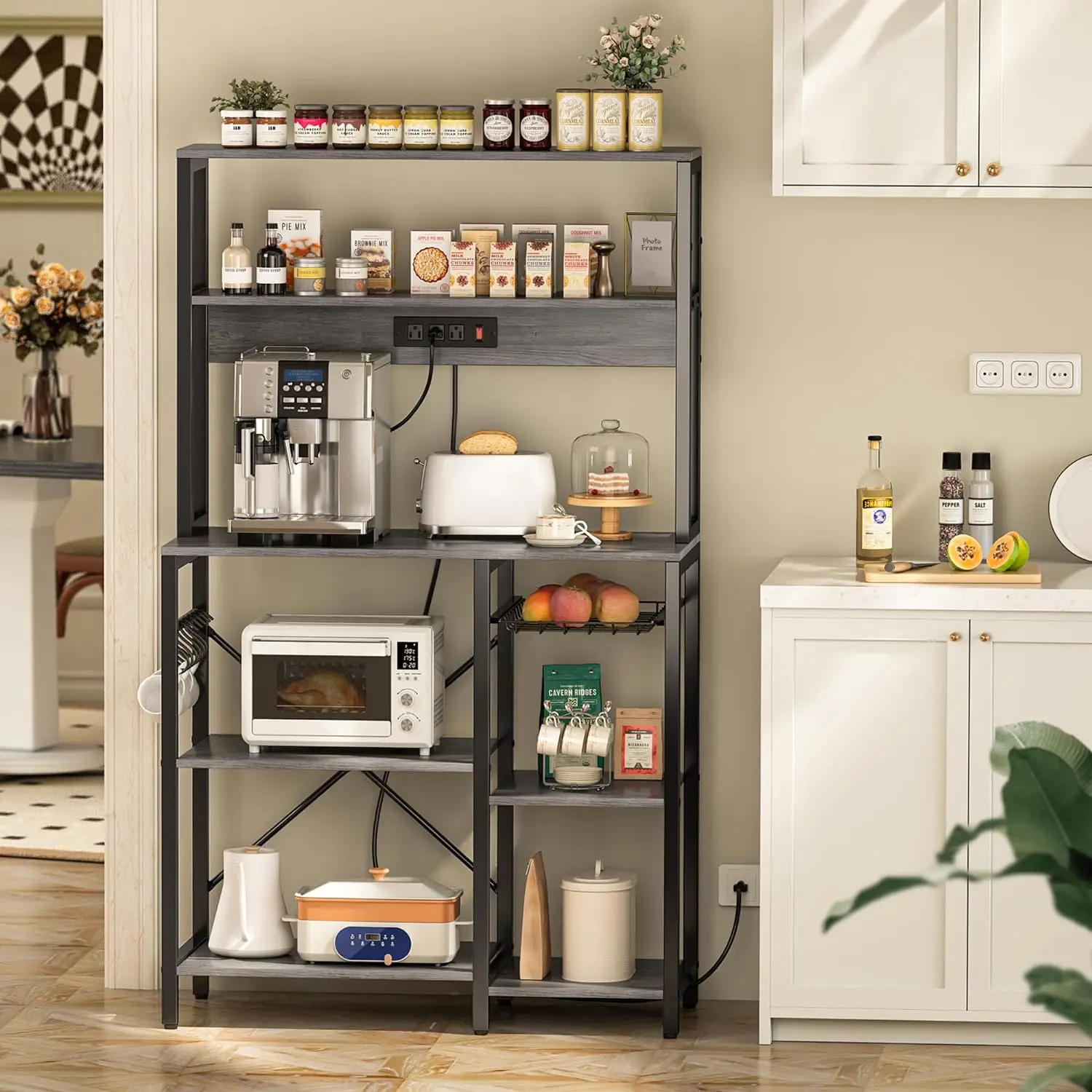 Bakers Rack with Power Outlet, 35.4 Inches Coffee Bar with Wire Basket, Kitchen Microwave Stand with Open Storage Shelves