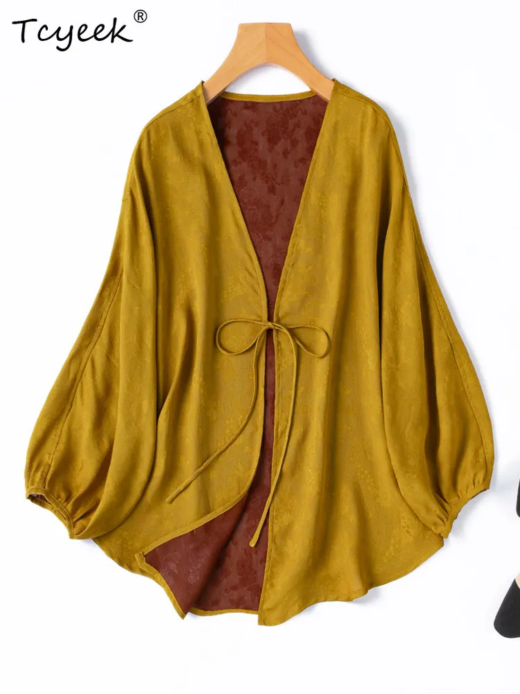 

Tcyeek 100% натуральный шелковый кардиган-шаль, элегантное пальто для женщин, летняя женская одежда 2026, солнцезащитный топ на шнуровке